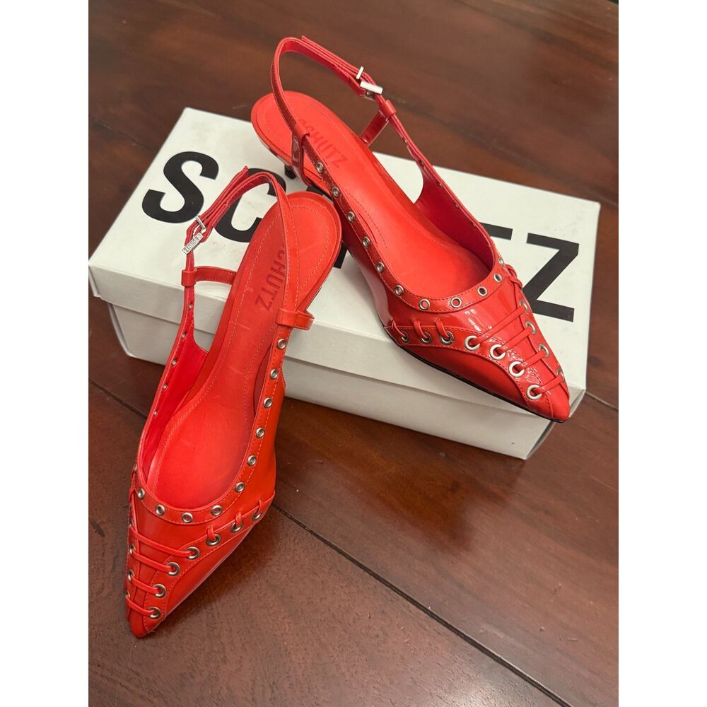 Schutz Womens Ruth Mid Scarlett Red Patent Leather Grommet Heels Size 7 NIB